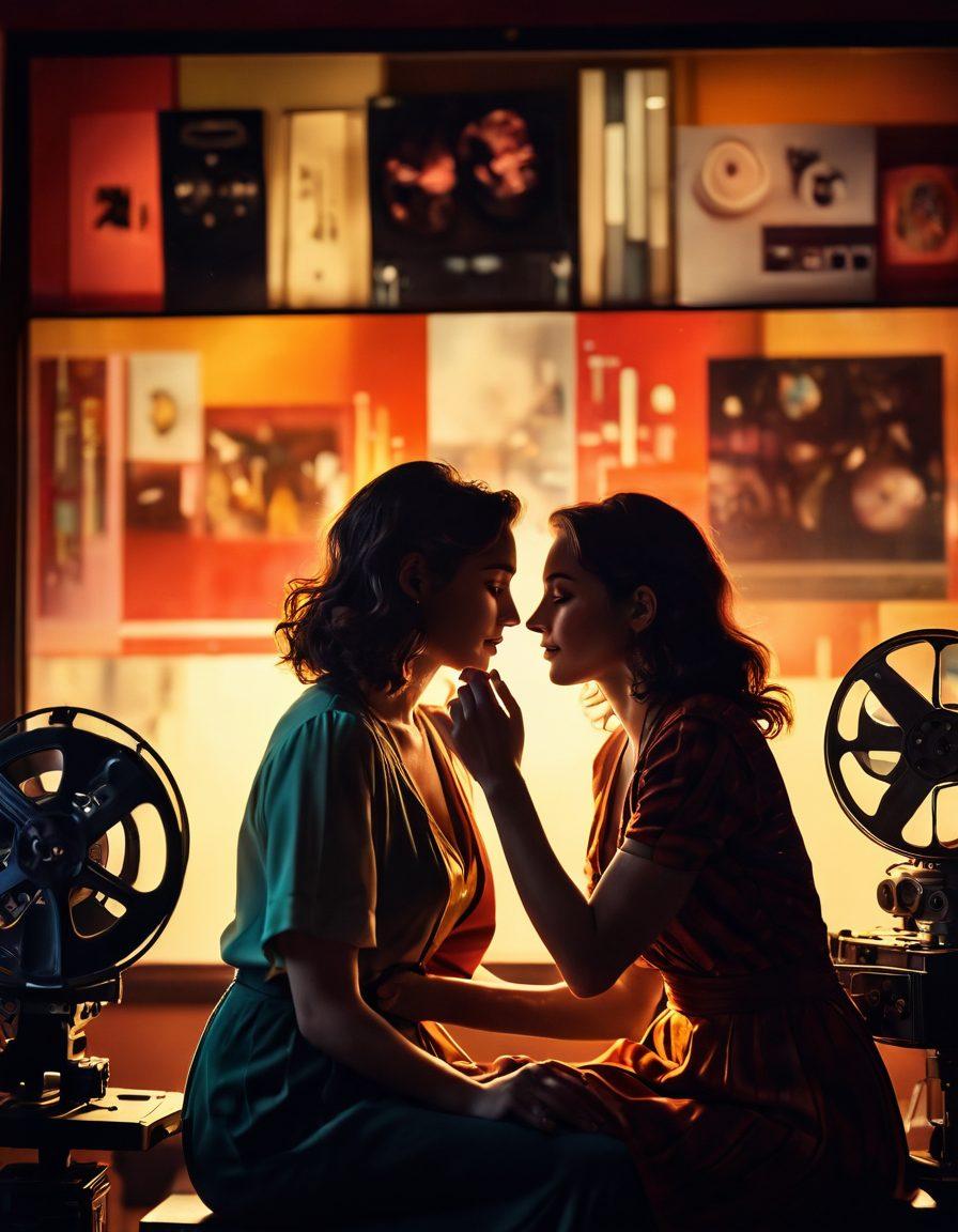 A vibrant and intimate scene of two women sharing a tender moment, surrounded by elements of film reels and soft lighting that create a romantic atmosphere. The background features abstract art reflecting love and passion, incorporating warm colors that evoke emotion. Include subtle hints of classic cinema, such as an old-style projector and clapperboard. Capture the essence of authentic love and sensuality. super-realistic. vibrant colors. soft focus.