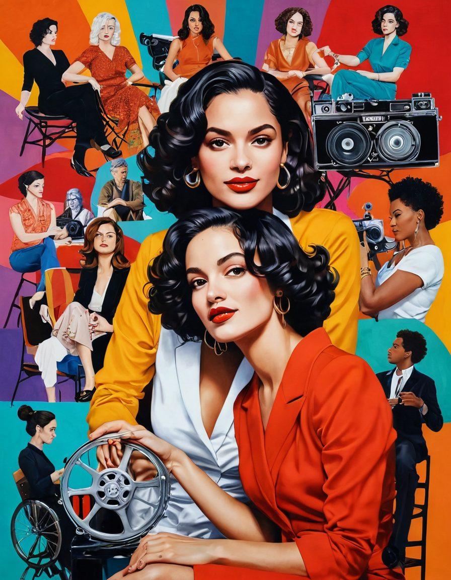 A vibrant collage showcasing diverse women in passionate embraces, interwoven with iconic symbols of queer cinema like film reels and director's chairs. Highlight different cultures and styles, celebrating love in its myriad forms. Incorporate bright, bold colors to reflect joy and authenticity, and include subtle film motifs in the background. painting. vibrant colors. artistic blend of realism and abstraction.