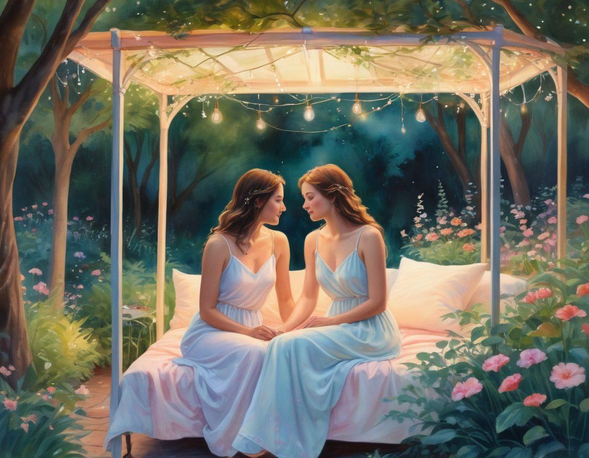 A warm and intimate scene depicting two women sharing a tender moment under a canopy of twinkling fairy lights, surrounded by a lush garden in full bloom. Their expressions are filled with love and connection, highlighting the authenticity of their relationship. Soft pastel colors create a dreamlike atmosphere, inviting the viewer to feel the emotions of their journey together. The background features artful silhouettes of trees and flowers in gentle motion. watercolor painting. soft lighting. vibrant colors.